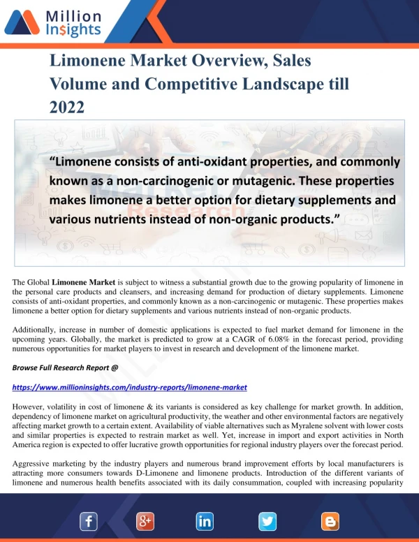 Limonene Market Overview, Sales Volume and Competitive Landscape till 2022