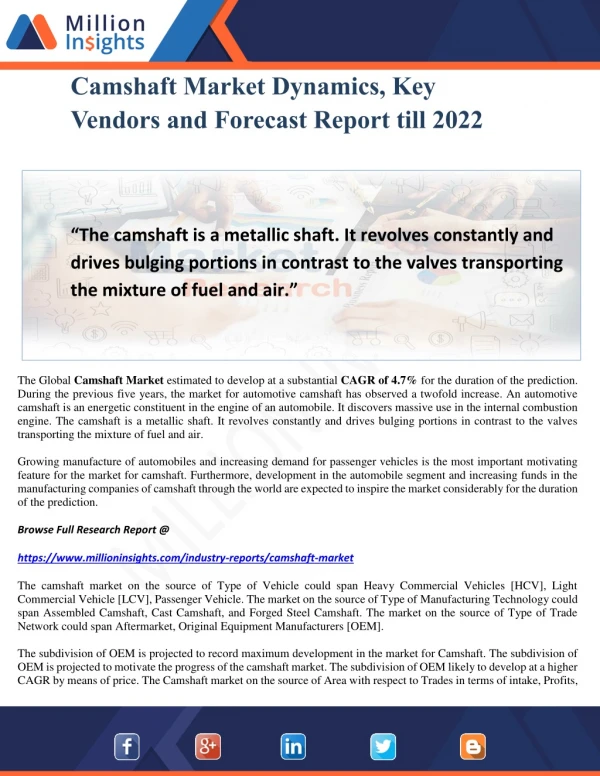 Camshaft Market Dynamics, Key Vendors and Forecast Report till 2022
