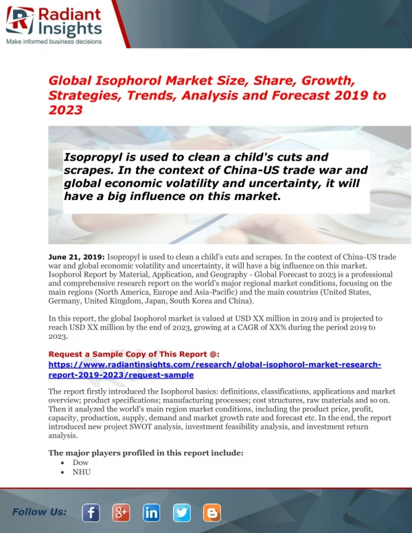 Global Isophorol Market to Make Great Impact in Near Future by 2023