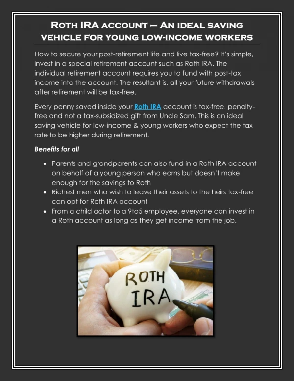 Roth IRA Account – An Ideal Saving Vehicle for Young Low-Income Workers
