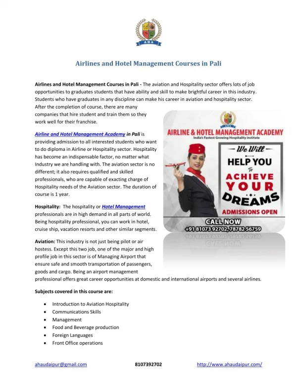 Airlines and Hotel Management Courses in Pali