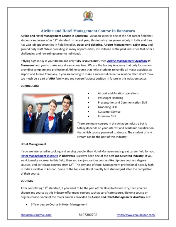 Airlines and Hotel Management Courses in Banswara