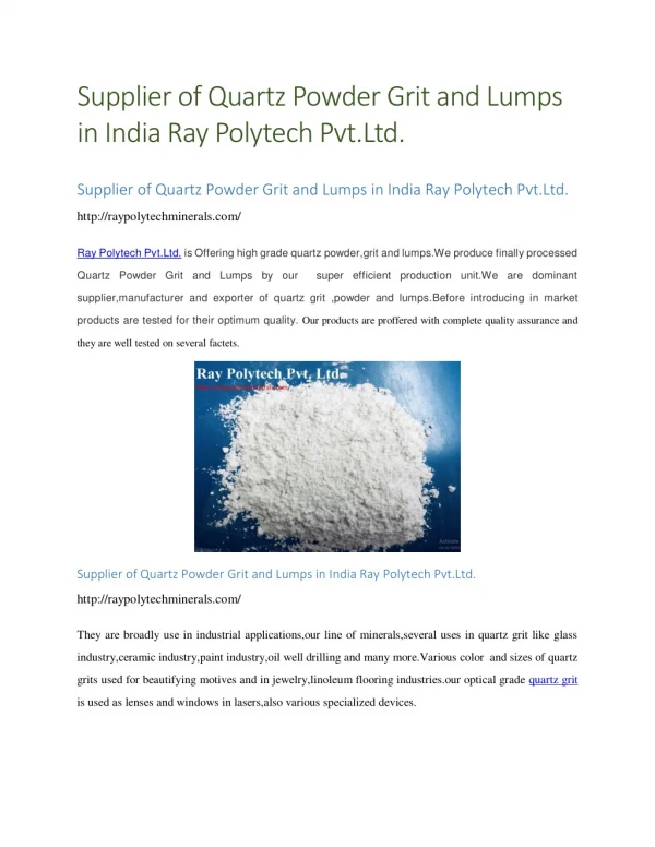 Supplier of Quartz Powder Grit and Lumps in India Ray Polytech Pvt.Ltd.