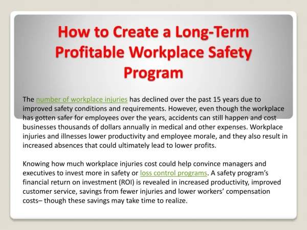 How to Create a Long-Term Profitable Workplace Safety Program