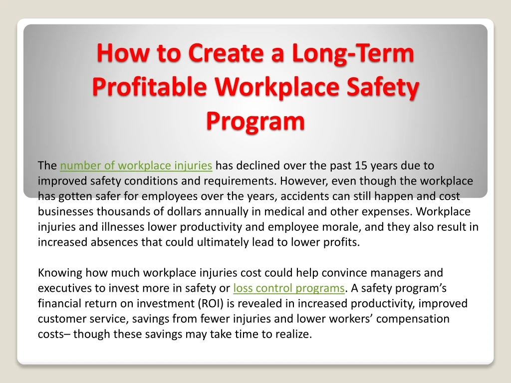 how to create a long term profitable workplace safety program