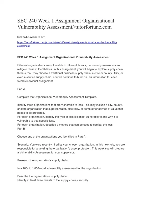 SEC 240 Week 1 Assignment Organizational Vulnerability Assessment//tutorfortune.com