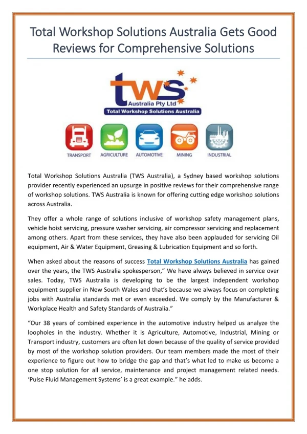 Total Workshop Solutions Australia Gets Good Reviews for Comprehensive Solutions
