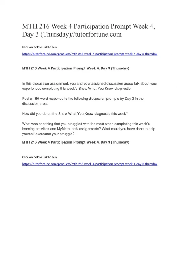 MTH 216 Week 4 Participation Prompt Week 4, Day 3 (Thursday)//tutorfortune.com