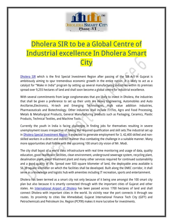 Dholera SIR to be a Global Centre of Industrial excellence In Dholera Smart City