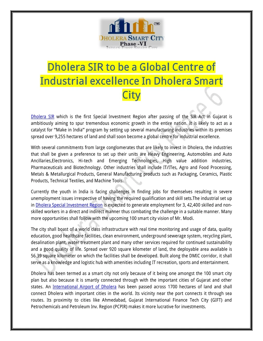 dholera sir to be a global centre of industrial