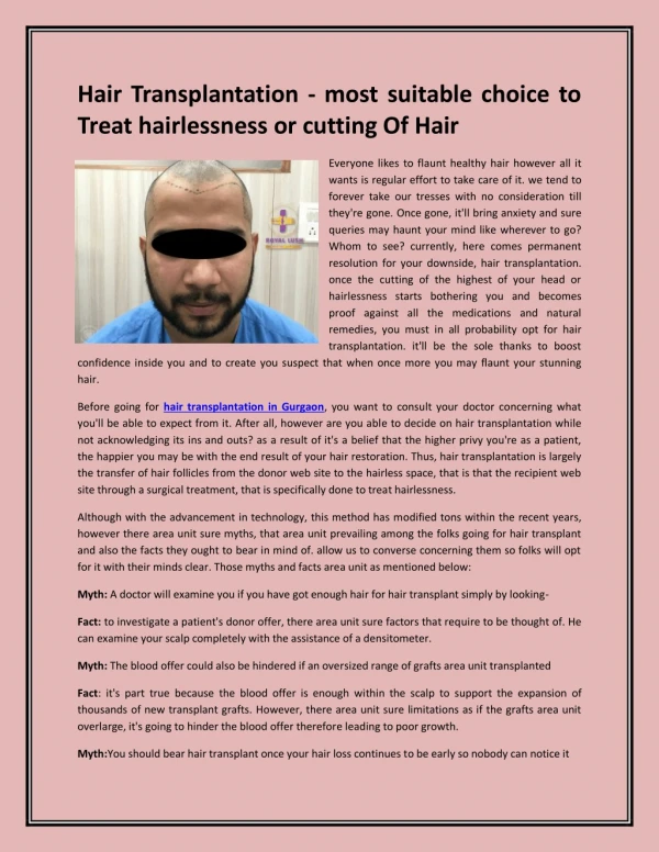 Hair Transplantation - most suitable choice to Treat hairlessness or cutting Of Hair