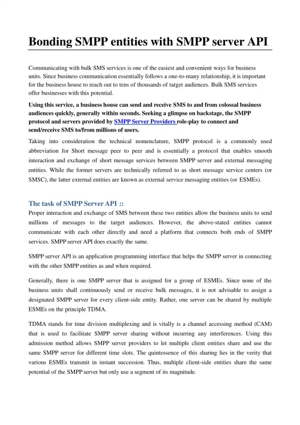 Use of SMPP Server API in bonding SMPP Entities