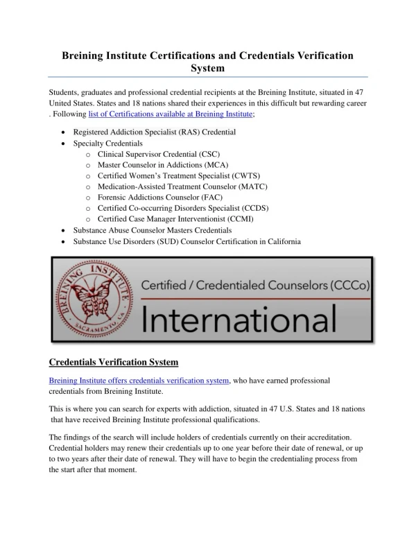 Breining Institute Certifications and Credentials Verification System