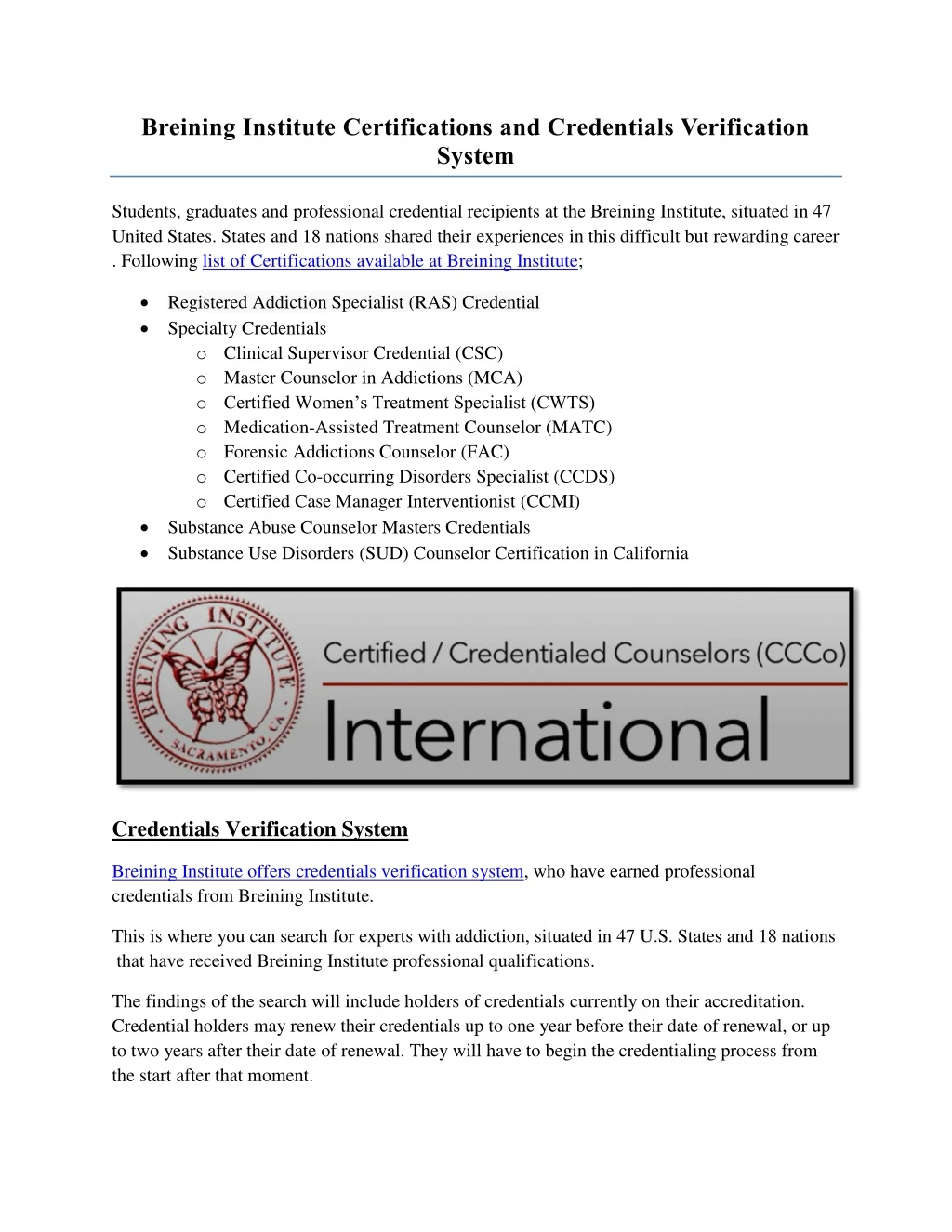 breining institute certifications and credentials