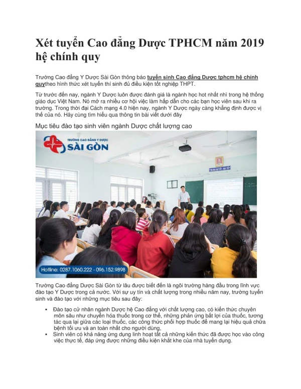 Thông tin tuyển sinh ngành cao đẳng dược năm 2019 - Trường cao đẳng y dược Sài Gòn
