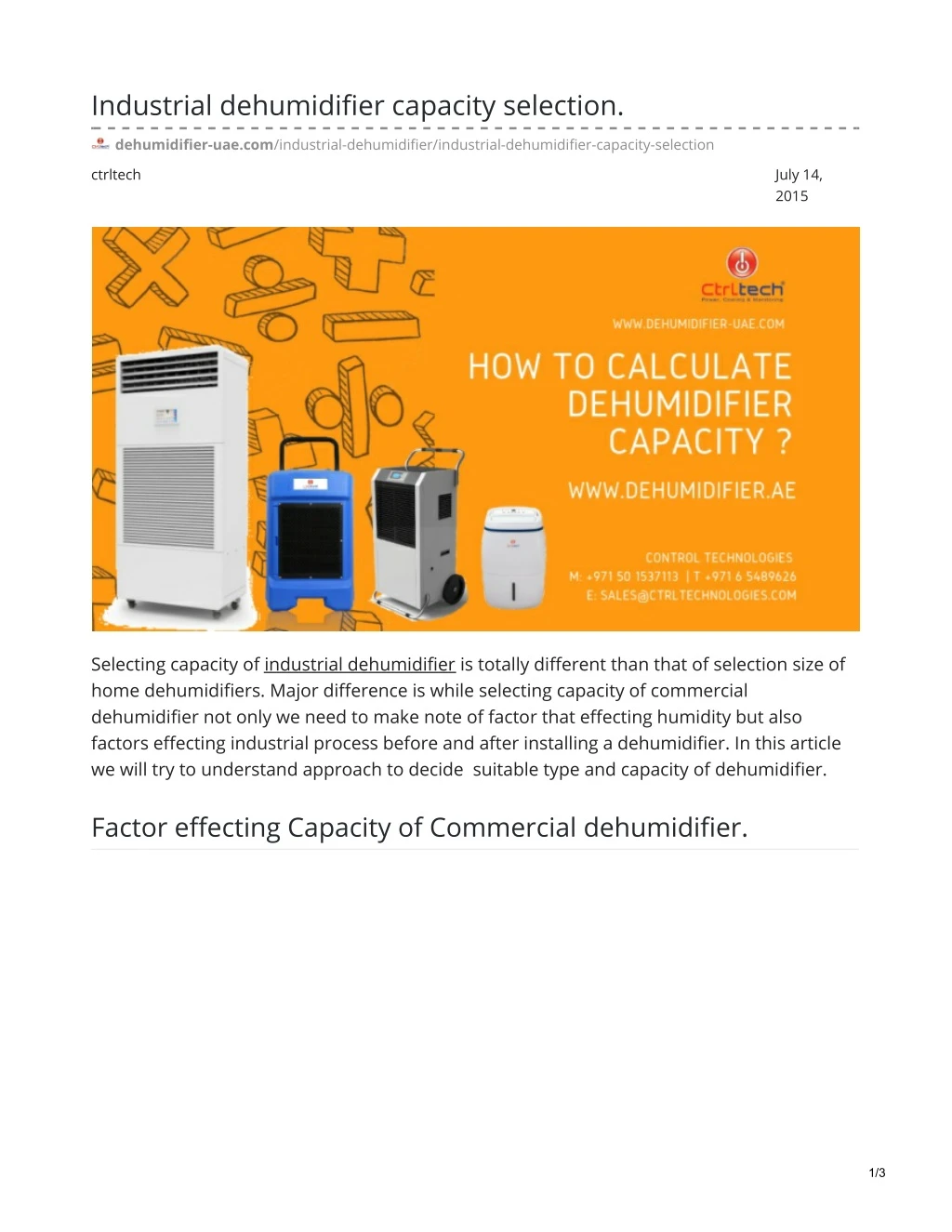 industrial dehumidifier capacity selection