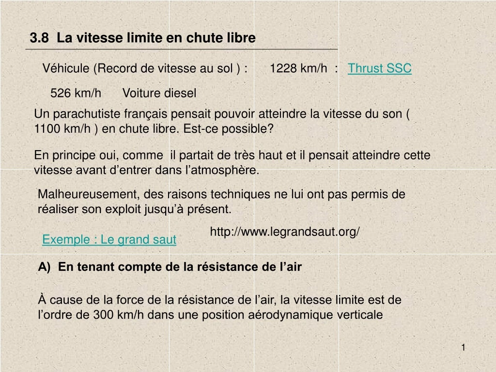 3 8 la vitesse limite en chute libre