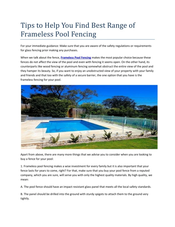 Tips to Help You Find Best Range of Frameless Pool Fencing