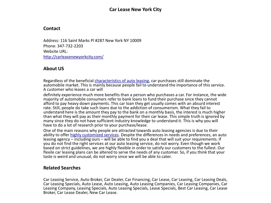 car lease new york city contact address 116 saint