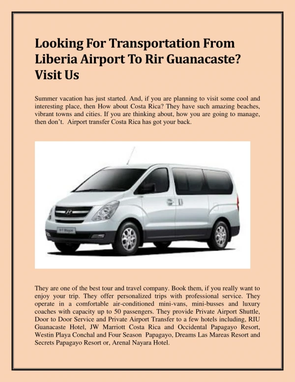 Looking For Transportation From Liberia Airport To Rir Guanacaste? Visit Us