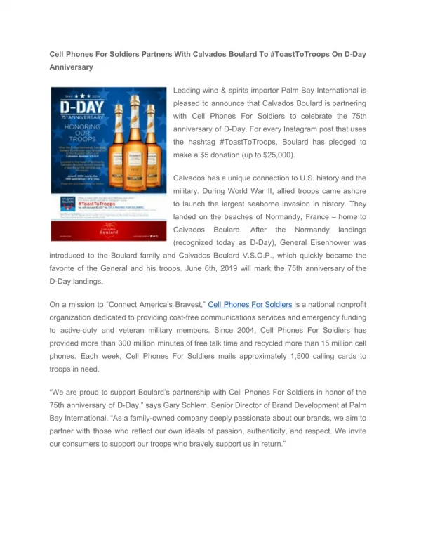 Cell Phones For Soldiers Partners With Calvados Boulard To #ToastToTroops On D-Day Anniversary