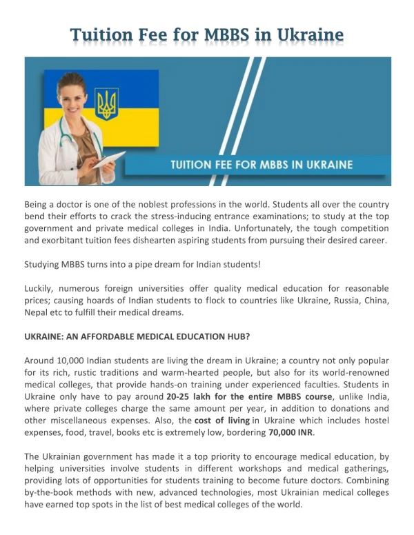 Tuition Fee for MBBS in Ukraine