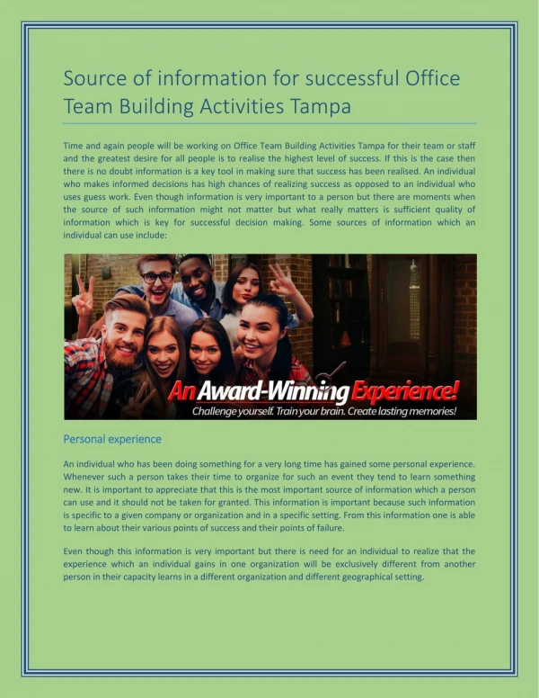 Source of information for successful Office Team Building Activities Tampa