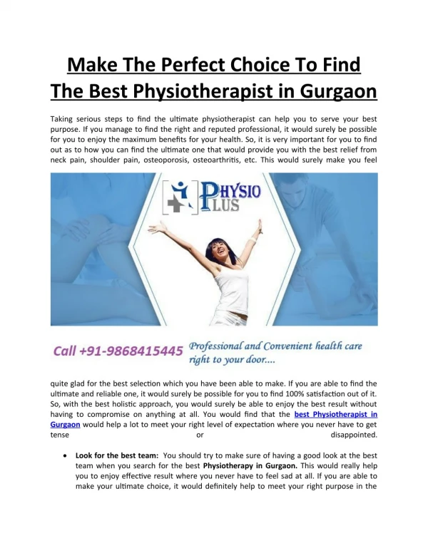 Make The Perfect Choice To Find The Best Physiotherapist in Gurgaon