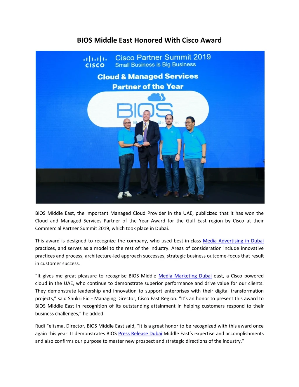 bios middle east honored with cisco award