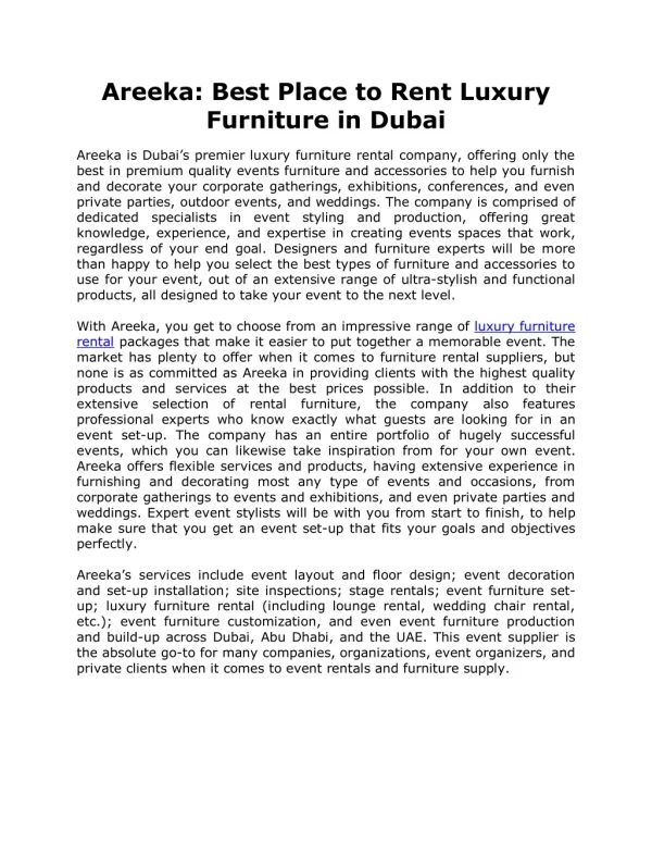 Areeka: Best Place to Rent Luxury Furniture in Dubai