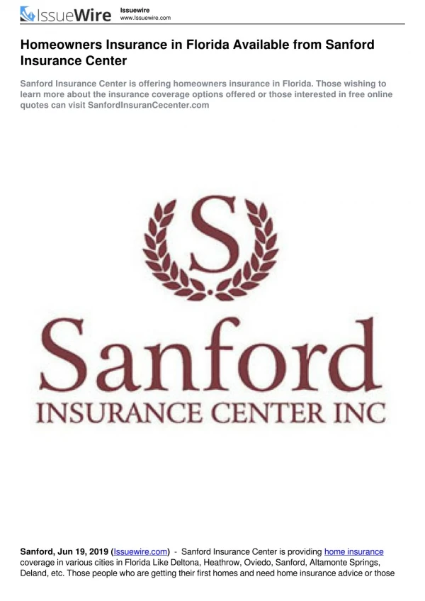 Homeowners Insurance in Florida Available from Sanford Insurance Center