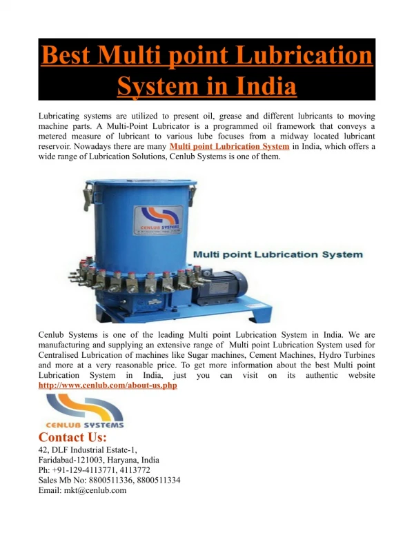 Best Multi point Lubrication System in India
