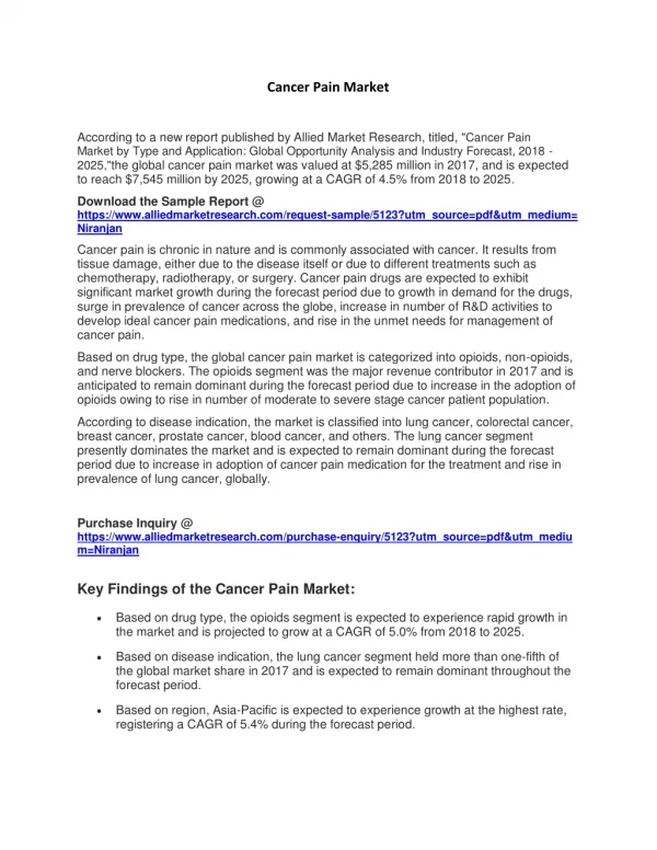 Global Cancer Pain Market Expected to Reach $7,545 Million by 2025