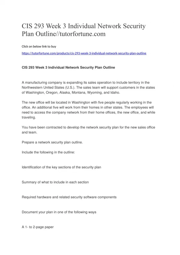 CIS 293 Week 3 Individual Network Security Plan Outline//tutorfortune.com