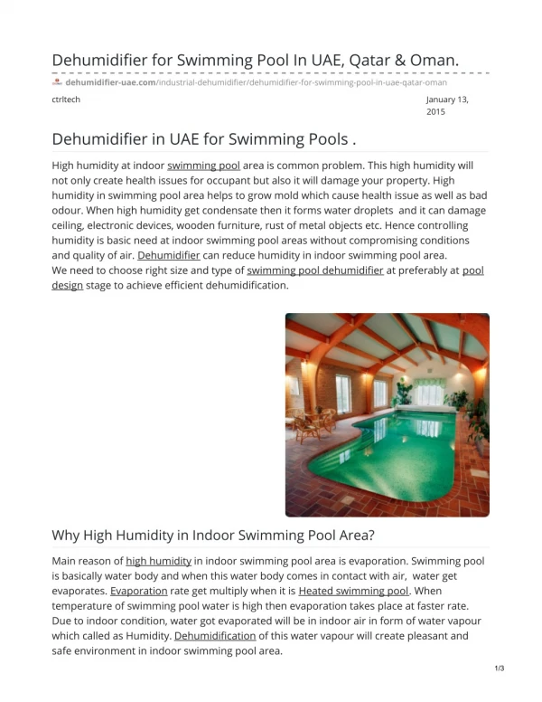 Dehumidifier for Swimming Pool In UAE, Qatar & Oman #swimmingpooldehumidifier #pooldehumidifier #dehumidifier