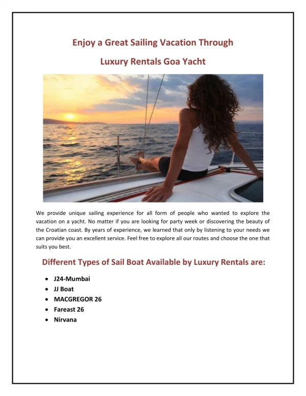Enjoy a Great Sailing Vacation Through Luxury Rentals