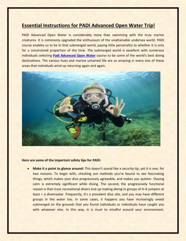 Essential Instructions for PADI Advanced Open Water Trip!
