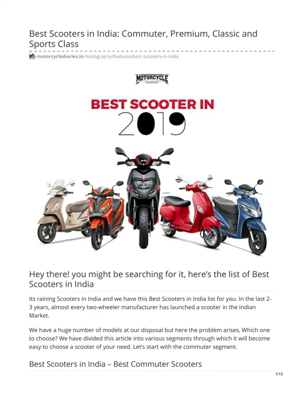 Best Scooters in India: Commuter, Premium, Classic and Sports Class