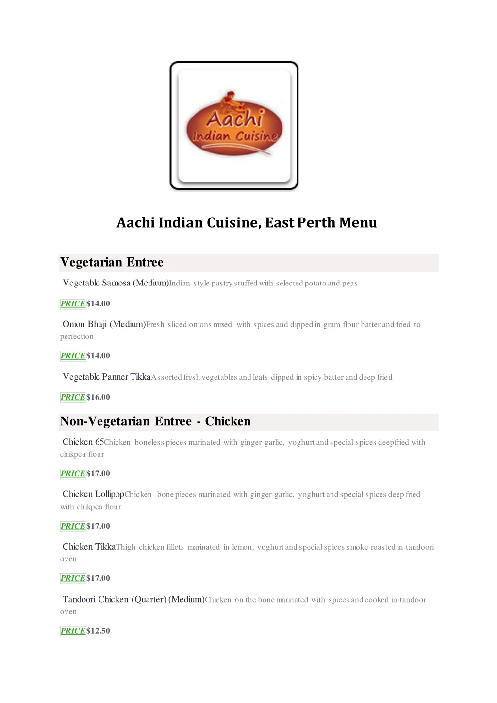aachi indian cuisine east perth menu vegetarian