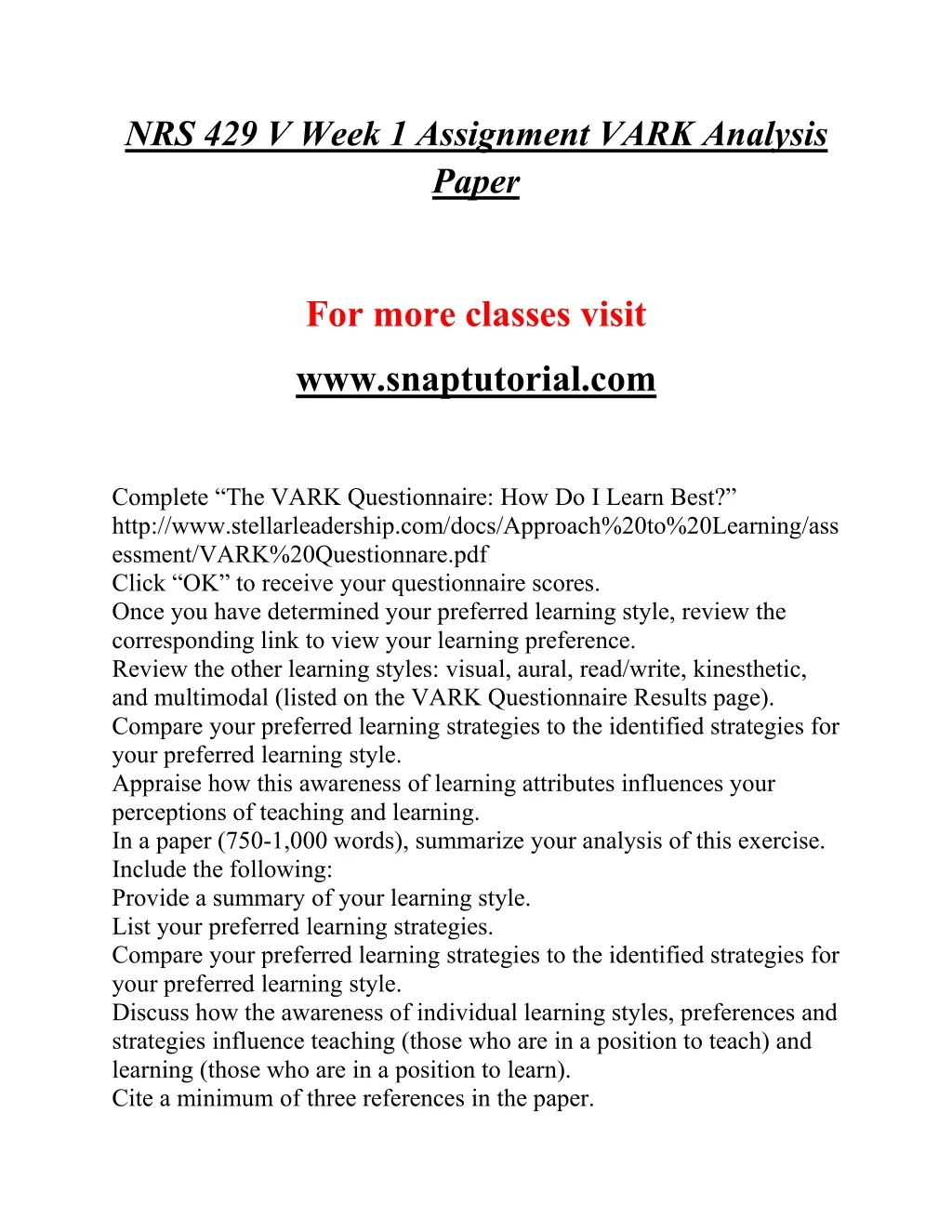 nrs 429 v week 1 assignment vark analysis paper