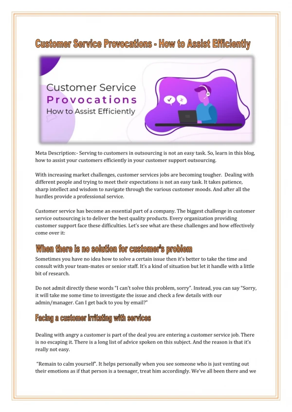 Customer Service Provocations and How Outsourcing Can Assist