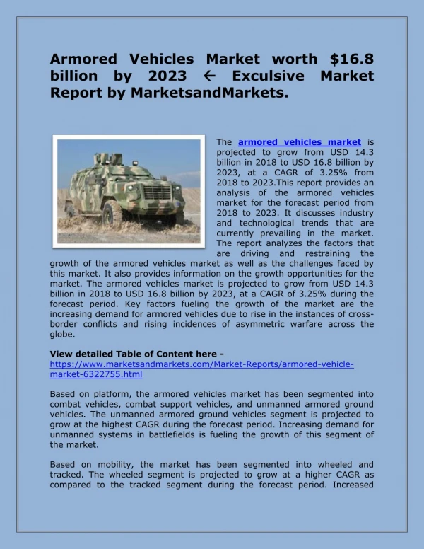 Armored Vehicles Market worth $16.8 billion by 2023  Exculsive Market Report by MarketsandMarkets.