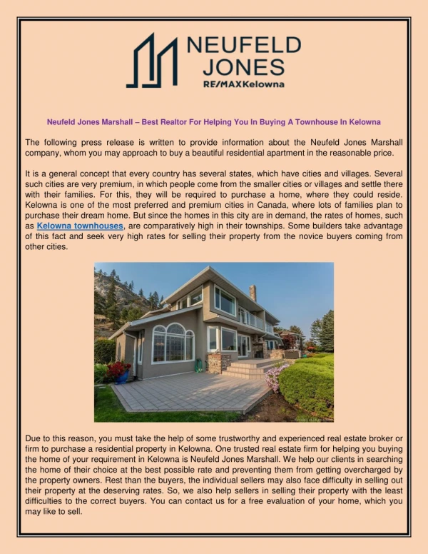 Neufeld Jones Marshall – Best Realtor For Helping You In Buying A Townhouse In Kelowna