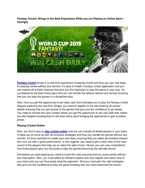 Fantasy Cricket: Brings in the Best Experience While you are Playing an Online Sport - FanFight