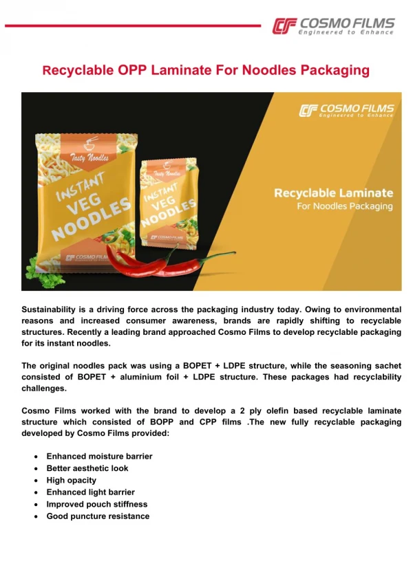 Recyclable OPP Laminate For Noodles Packaging