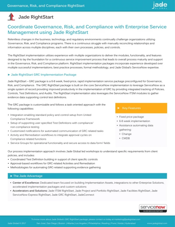 Coordinate Governance, Risk, and Compliance with Enterprise Service Management using Jade RightStart