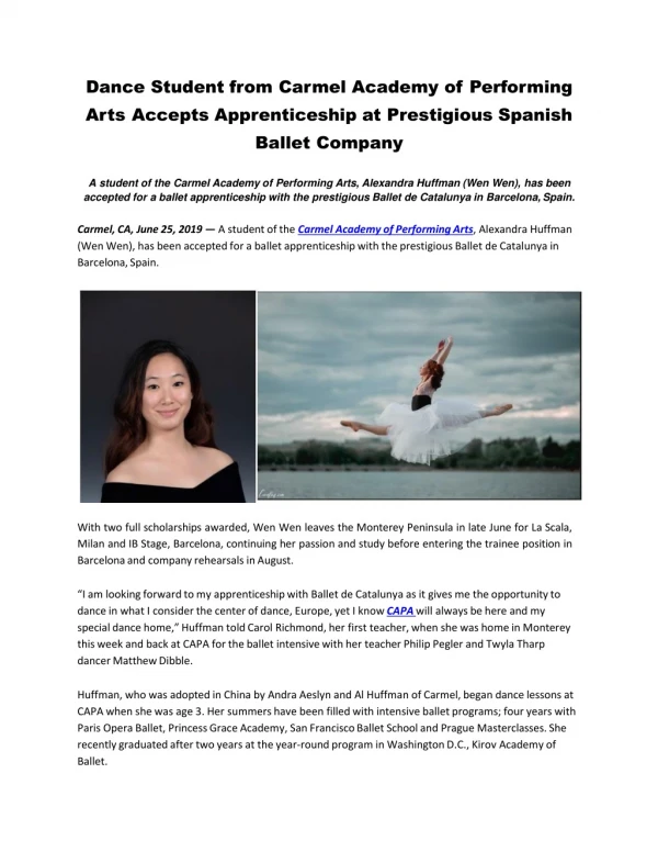 Dance Student From Carmel Academy of Performing Arts Accepts Apprenticeship