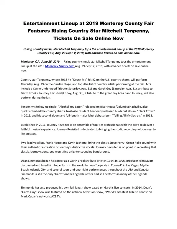 Entertainment Lineup at 2019 Monterey County Fair Features Rising Country Star Mitchell Tenpenny