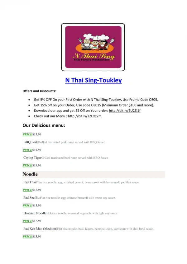 15% Off - N Thai Sing-Toukley