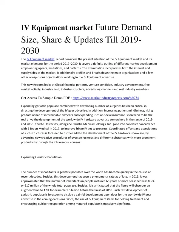 Global IV Equipment Market Growth Analysis , Trend, Demand Forecast 2019-2030